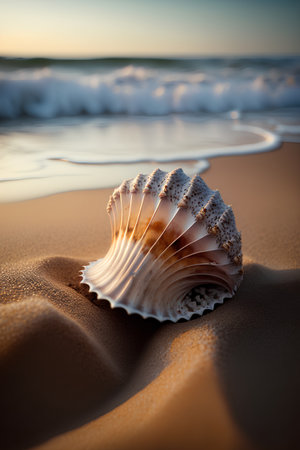 Beautiful sea shell on the beach at sunset. Toned.の素材