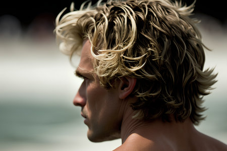 Portrait of a young man with blond hair on the beach.の素材