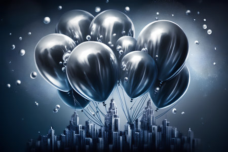 Digital composite of Silver balloons with cityscape and bokeh effectの素材