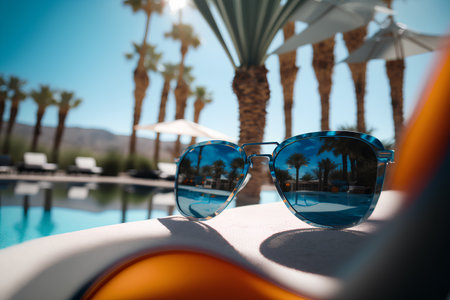 Sunglasses on a deck chair by the swimming pool with palm trees.の素材