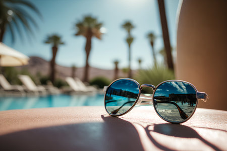 Sunglasses with reflection of palm trees in swimming pool at luxury resortの素材