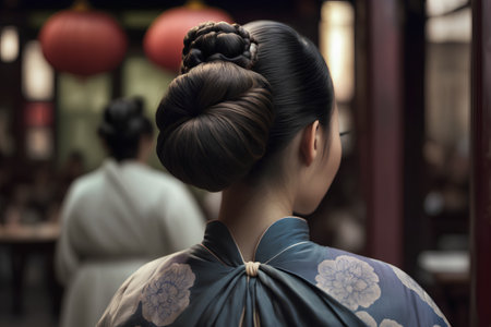 back view of asian woman wearing traditional japanese kimonoの素材