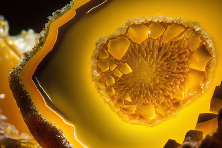 Close-up of a piece of amber on a black background.の素材