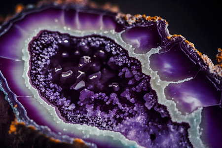 Macro shooting of natural mineral from geological collection - piece of purple agate gemstone on black backgroundの素材