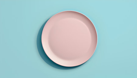 Empty pink plate on blue pastel background. Minimal food concept. 3D Renderingの素材