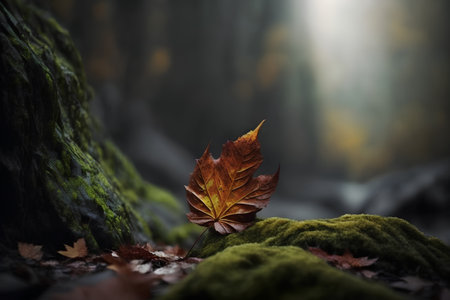 Autumn leaf on moss covered rock in forest. Selective focus.の素材