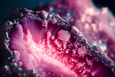 Macro closeup of a pink quartz crystal with purple veins and crystals in the backgroundの素材