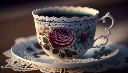 Cup of coffee with roses on the table. Selective focus.の素材
