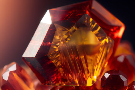 Red and yellow crystals on a black background. Macro photo with shallow depth of fieldの素材