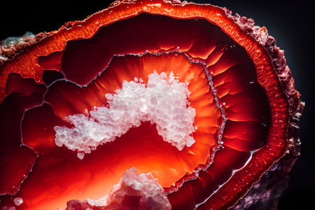 Macro photo of red agate mineral crystal on black background.の素材