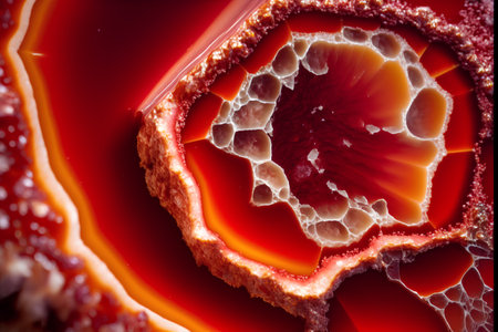 Macro image of red agate cross section with selective focus.の素材