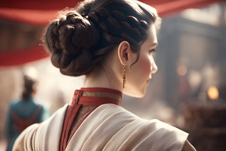 Portrait of a beautiful girl in a medieval costume in the streetの素材