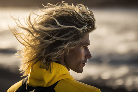 Portrait of a young man with blond hair in a yellow jacket on the beachの素材