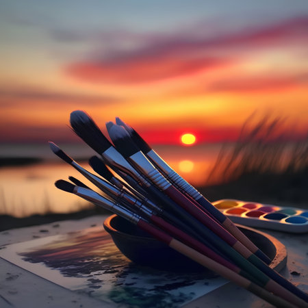 Paintbrushes and watercolors on a table at sunsetの素材
