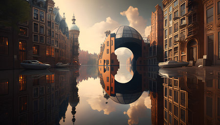 Amsterdam cityscape with old buildings and reflection in water, Netherlands.の素材