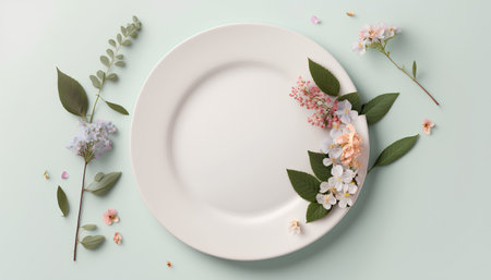 Empty plate with flowers and eucalyptus branches on pastel background. Flat lay, top viewの素材