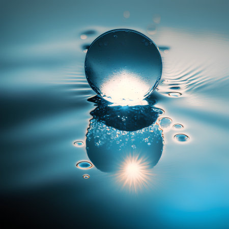 Water drop with reflection on water surface. 3d render illustration.の素材