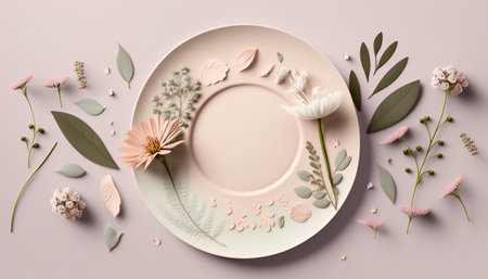 Creative layout made of flowers, leaves and plates on pastel pink background. Flat lay, top view minimal concept.の素材