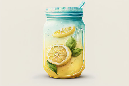 Mason jar with lemon slices and mint leaves. 3d illustrationの素材