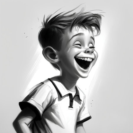 Funny young boy with funny expression. Digital painting. Black and white.の素材