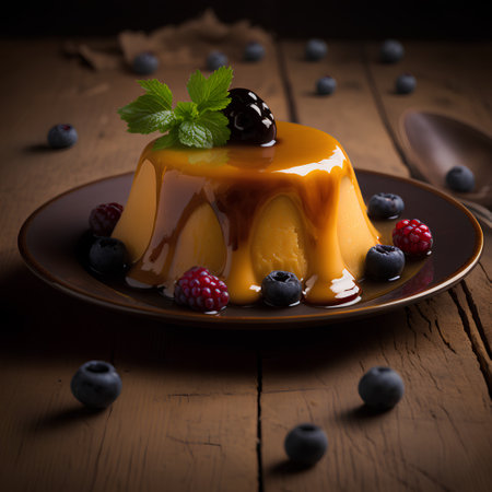 Panna cotta with caramel sauce and fresh berries on wooden backgroundの素材