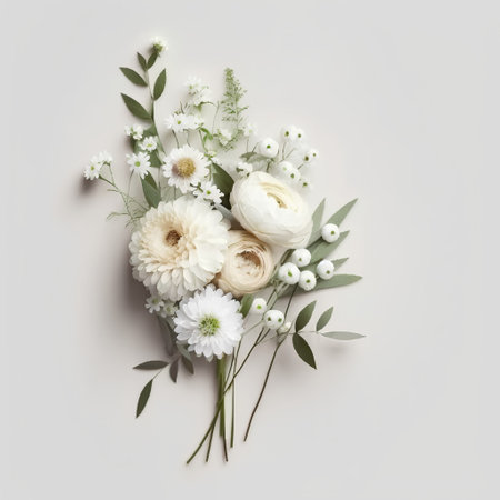 Beautiful bouquet of white flowers on a light background. Flat lay, top view.の素材