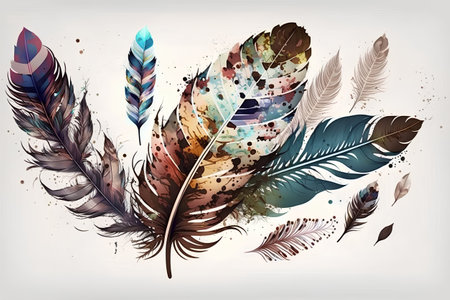 Vector illustration of colorful feathers with grunge splashes and blotsの素材