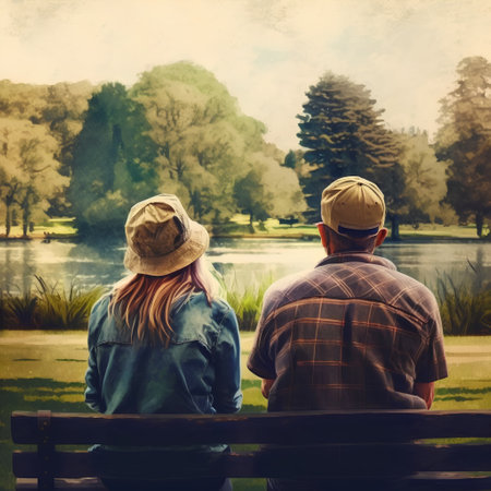 Couple in love sitting on a bench by the lake. Photo in old color image styleの素材
