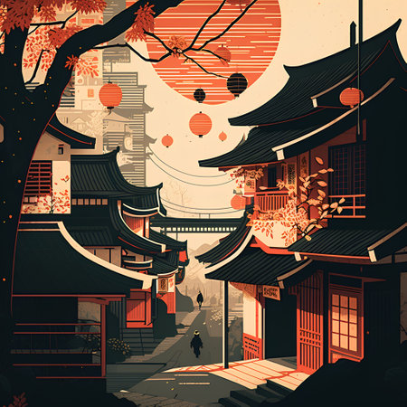Traditional japanese houses in old town. Vector illustration in retro style.の素材