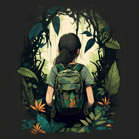 Hiking girl with backpack in the jungle. Vector illustration on dark background.の素材