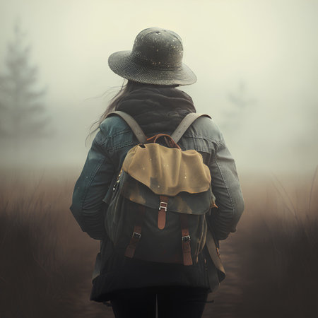 A young woman with a backpack and a hat is standing in a foggy field.の素材