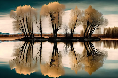 Beautiful autumn landscape with trees reflected in the lake, nature seriesの素材