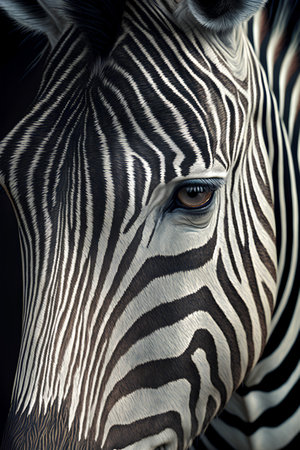 Close-up portrait of a zebra with black and white stripesの素材