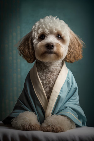 Cute dog in a blue bathrobe on a blue background.の素材