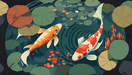 Koi fish in the pond. Colorful vector illustration in flat style.の素材