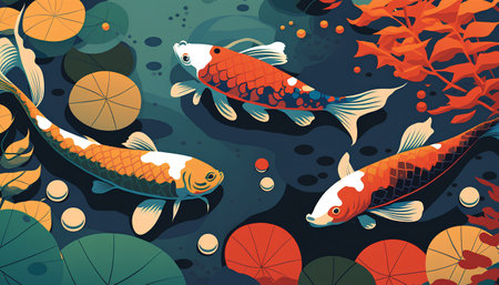 Seamless pattern with koi fish. Vector illustration in flat style.の素材
