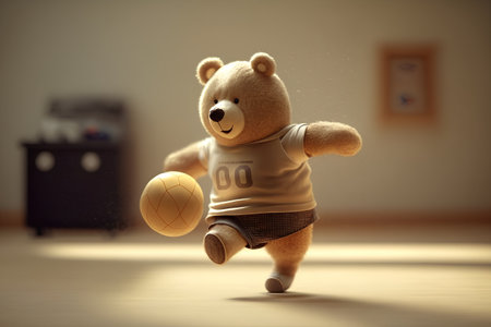 Teddy bear playing football at home. Conceptual photo of childhood.の素材