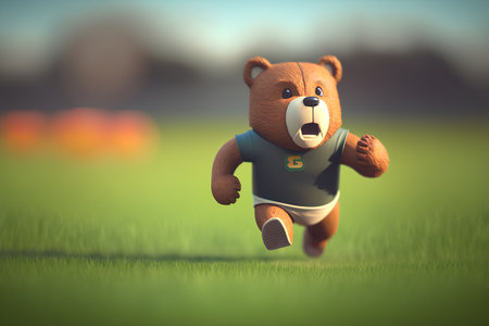 3d rendering of a teddy bear running on a green fieldの素材