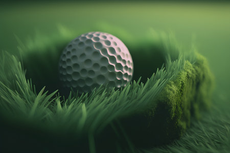 Golf ball in green grass. 3d illustration. Close up.の素材