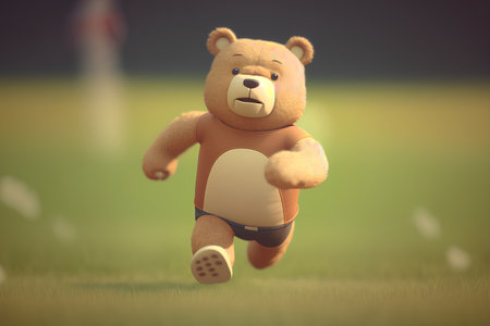 Teddy bear running in the field with soccer ball. 3d illustration.の素材