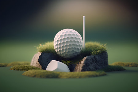 Golf ball on green grass with hole. 3D illustration.の素材