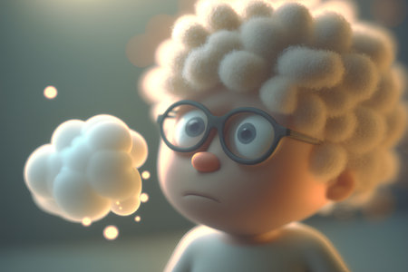 Sad little boy with a lot of clouds. 3D rendering.の素材