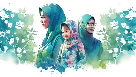 Muslim family on nature background, watercolor painting, vector illustration.の素材