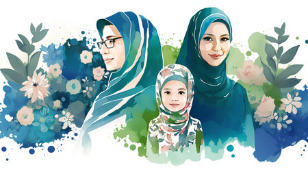 Happy muslim family portrait with watercolor splashes. Vector illustration.の素材