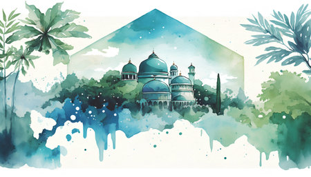 Watercolor hand drawn illustration of Taj Mahal, Agra, Indiaの素材