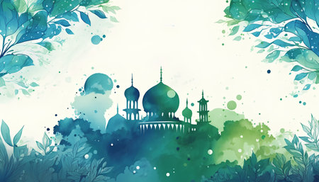 Elegant background with mosque and green trees. Vector illustration.の素材