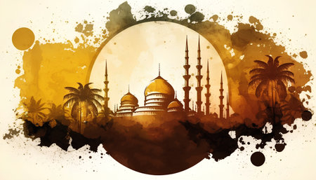 Silhouette of mosque and palm trees on grunge background.の素材