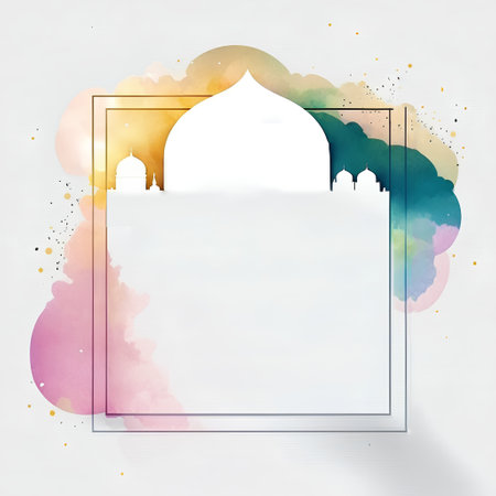 Abstract watercolor background with mosque. Ramadan Kareem greeting card.の素材