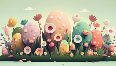 Happy easter background with colorful eggs and flowers. Vector illustration.の素材