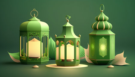 3d illustration of Ramadan Kareem Greeting Card with Arabic Lanternsの素材